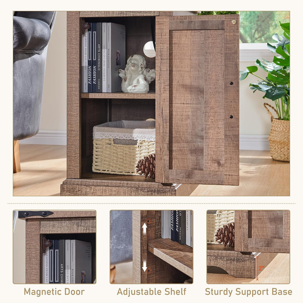 JXQTLINGMU Farmhouse Nightstand Set of 2 with Charging Station, 17'D Rectangular End Table with Barn Door & Adjustable Storage Shelf, Wood Rustic Sofa Side Table for Living Room, Bedroom, Light Brown