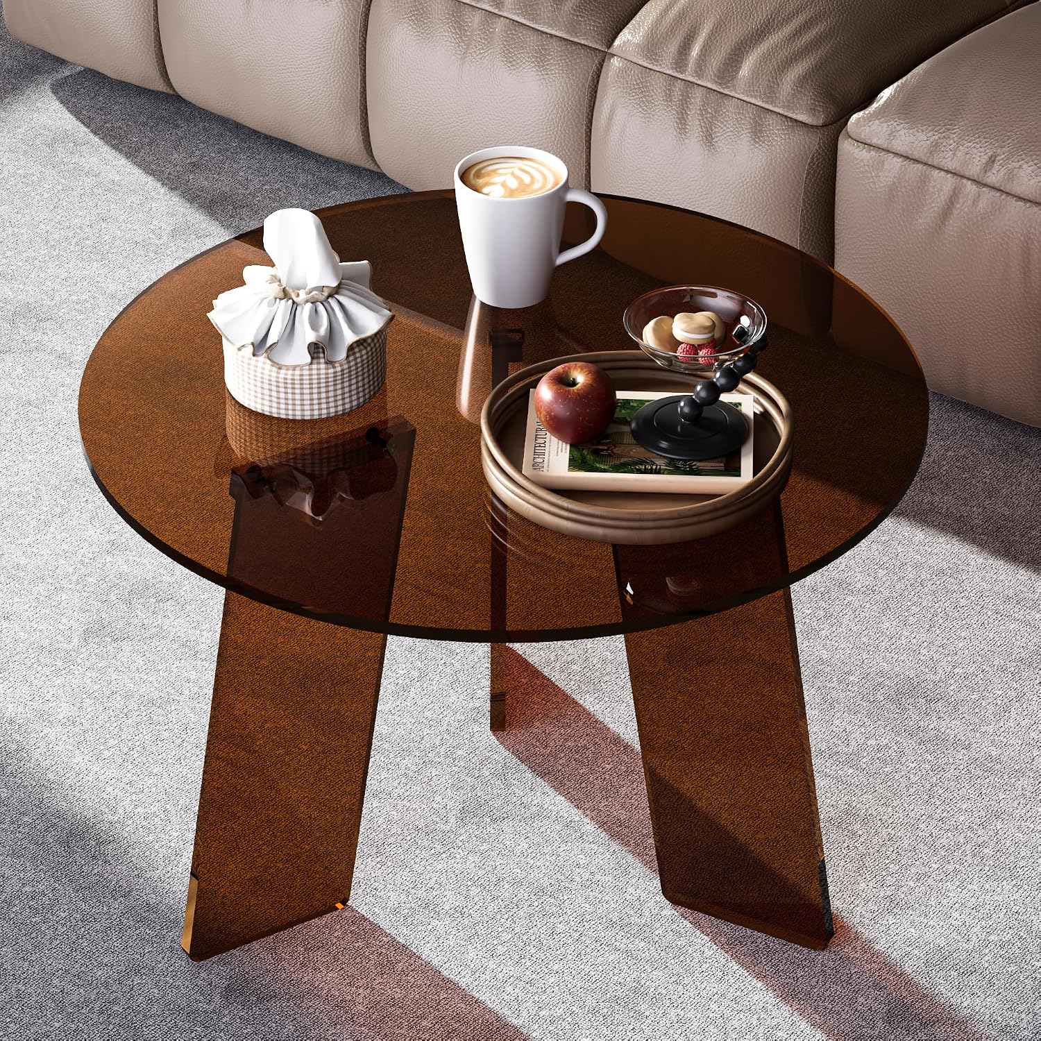 Acrylic Coffee Table Round, Clear Circle Modern Lucite Side Table Legs for Living Room, Bedroom, Office (Dark Brown, 23.6' × 15.7')