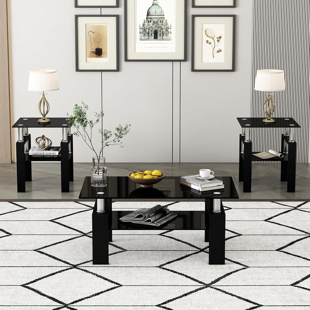 Glass Coffee Table Set of 3, 3-Piece Living Room Tables with Tempered Glass and Metal Frame, Coffee and End Table Sets, Black