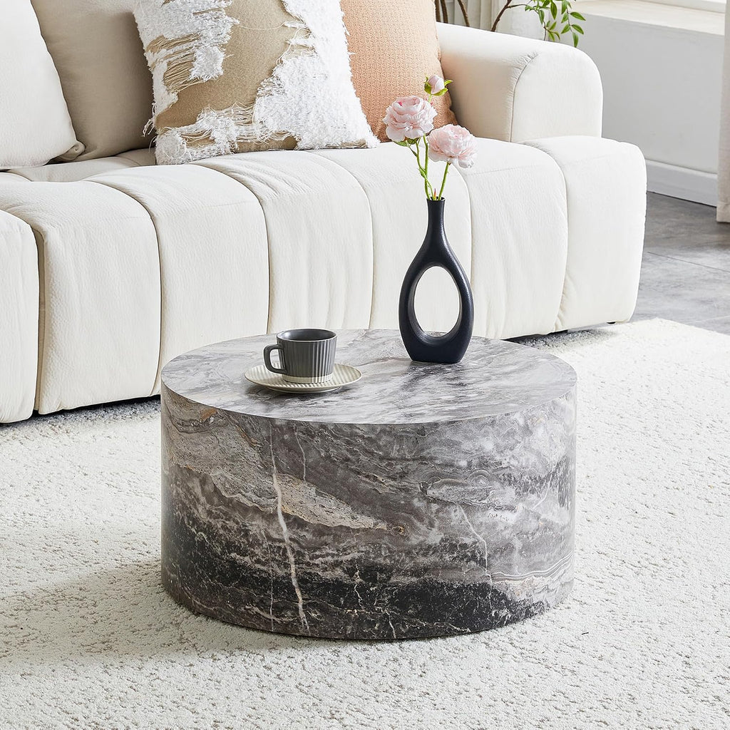 23.6' Grey Marble Small Coffee Table for Living Room Round Faux Marble Center Table Modern Drum-Shape Wooden Cocktail Table for Home Office - Fully Assembled