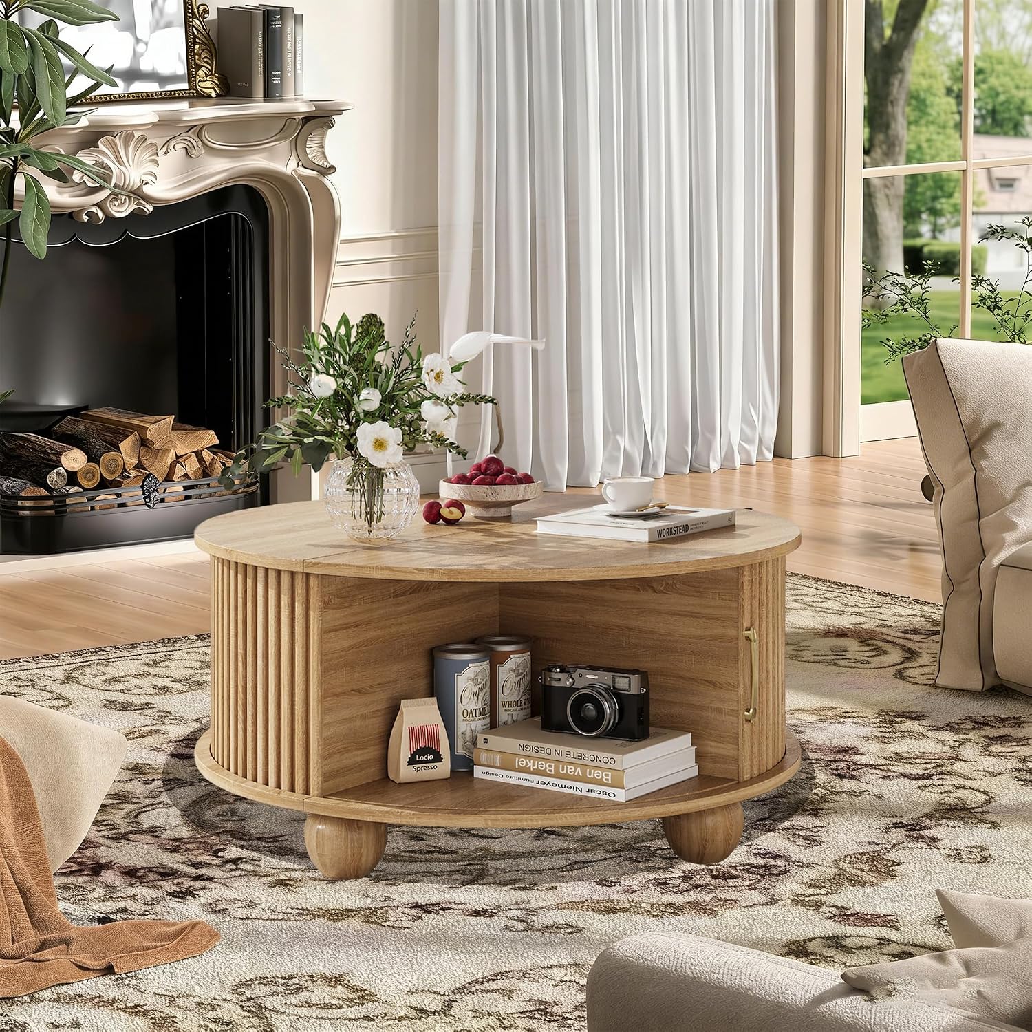 Round Coffee Table with Storage, Fluted Center Table with Sliding Tambour Door and Open Shelves, Mid Century Small Coffee Table for Living Room, Small Space, Natural