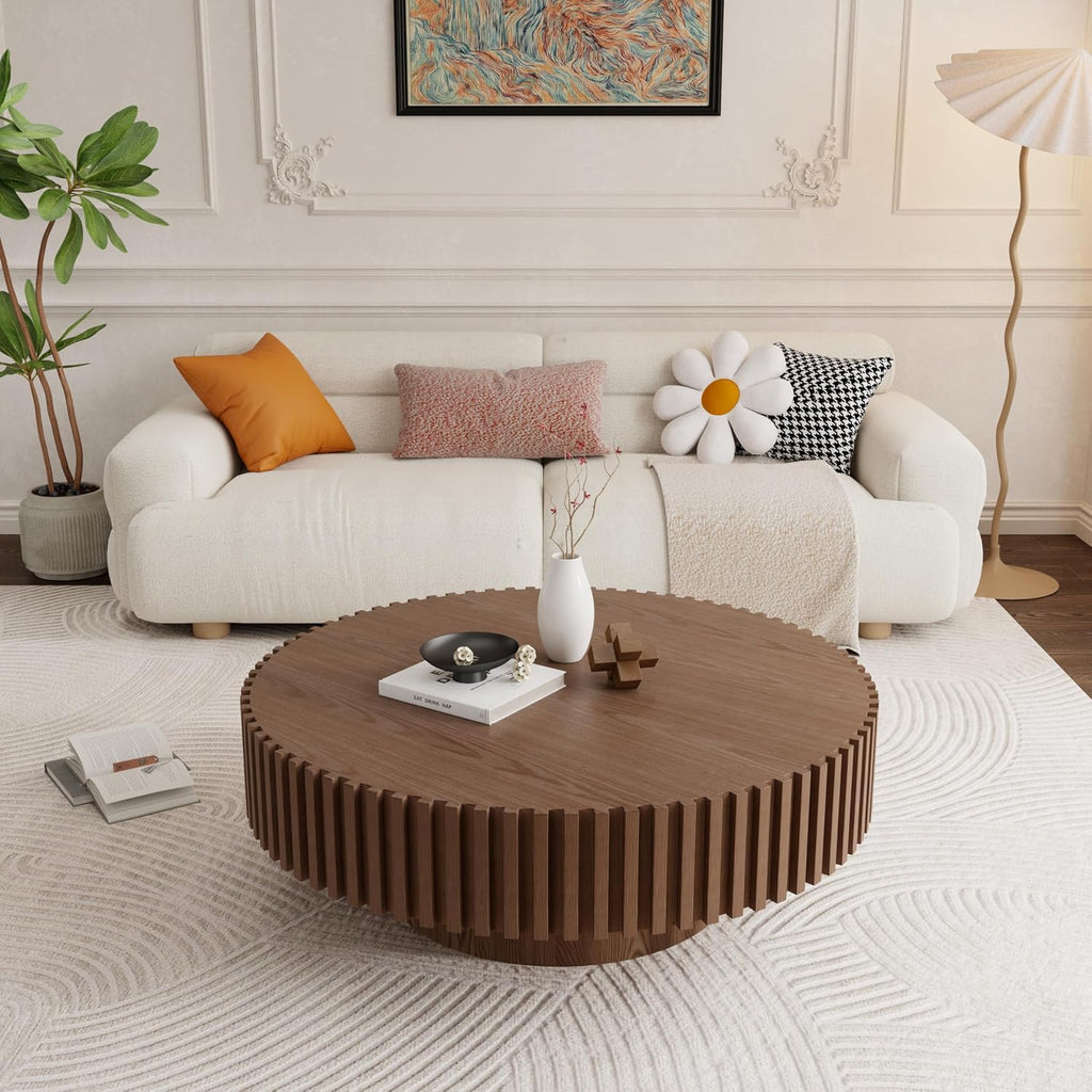 39.4' Walnut Round Coffee Table Wood, Modern Drum Fluted Coffee Table for Living Room, Contemporary Low Circle Center Table Side Table for Apartment, Farmhouse, Office, mesa de Cafe