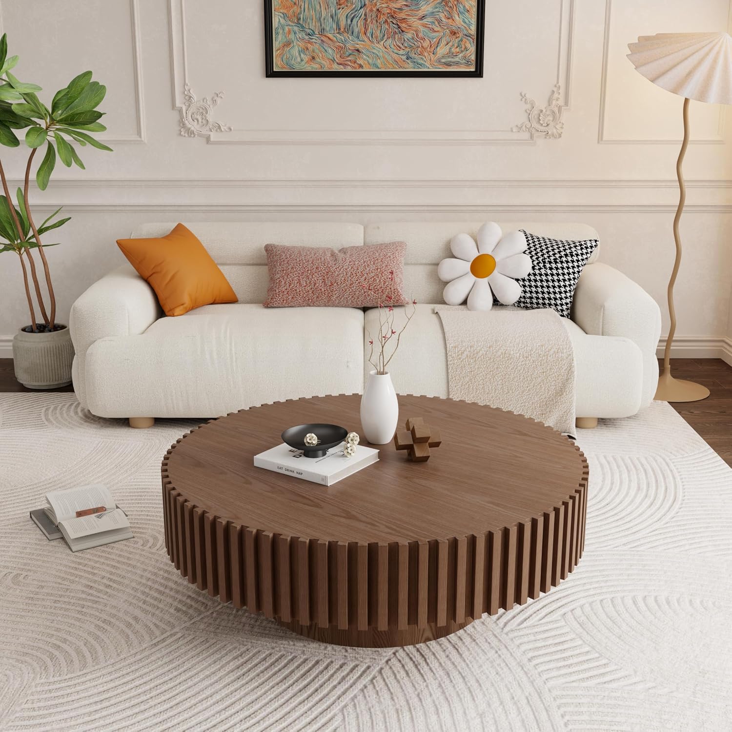 39.4' Walnut Round Coffee Table Wood, Modern Drum Fluted Coffee Table for Living Room, Contemporary Low Circle Center Table Side Table for Apartment, Farmhouse, Office, mesa de Cafe