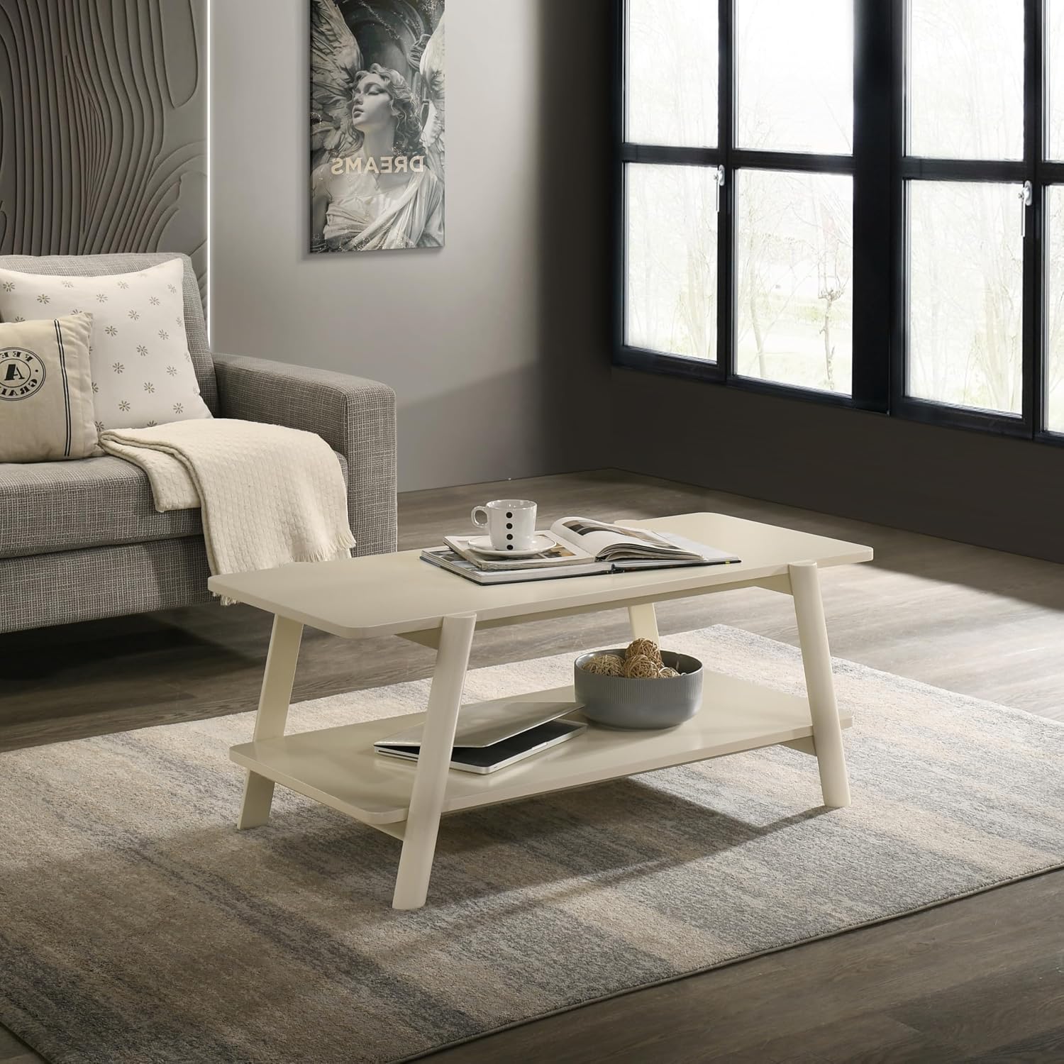 Roundhill Furniture Metz 3-Piece Coffee Table Set, Coffee Table and Two End Tables, Off-White Finish