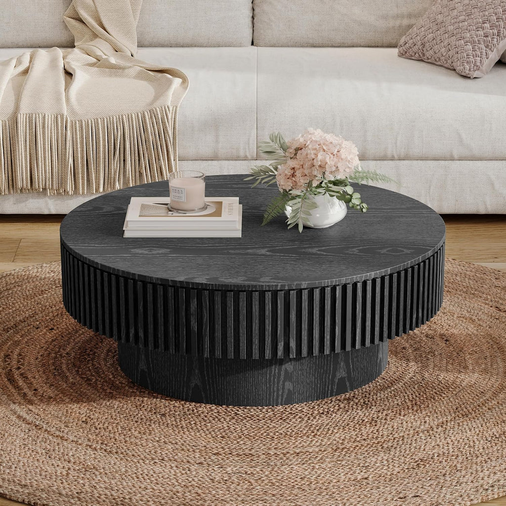 Round Coffee Table with Storage Wood Circle Coffee Table for Living Room Contemporary Fluted Table Center Table for Apartment, Easy Assembly ø39.4,Black