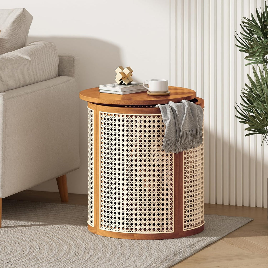 Christopher Knight Home Aurl Lift Top Round End Table with Storage, Modern Side Table with Woven Rattan Details, Wooden Small Coffee Table for Living Room, Round Storage Ottoman, Yellowish-Brown