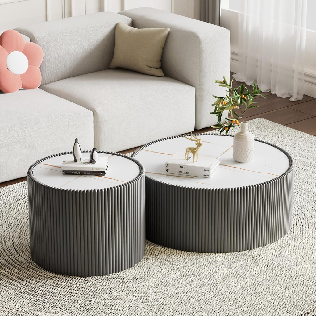 Modern Round Coffee Table Set of 2 Luxury Sintered Stone Top Coffee End Table in Grey Leatherette Drum-Shape Small Coffee Side End Tables for Living Room,Fully Assembled