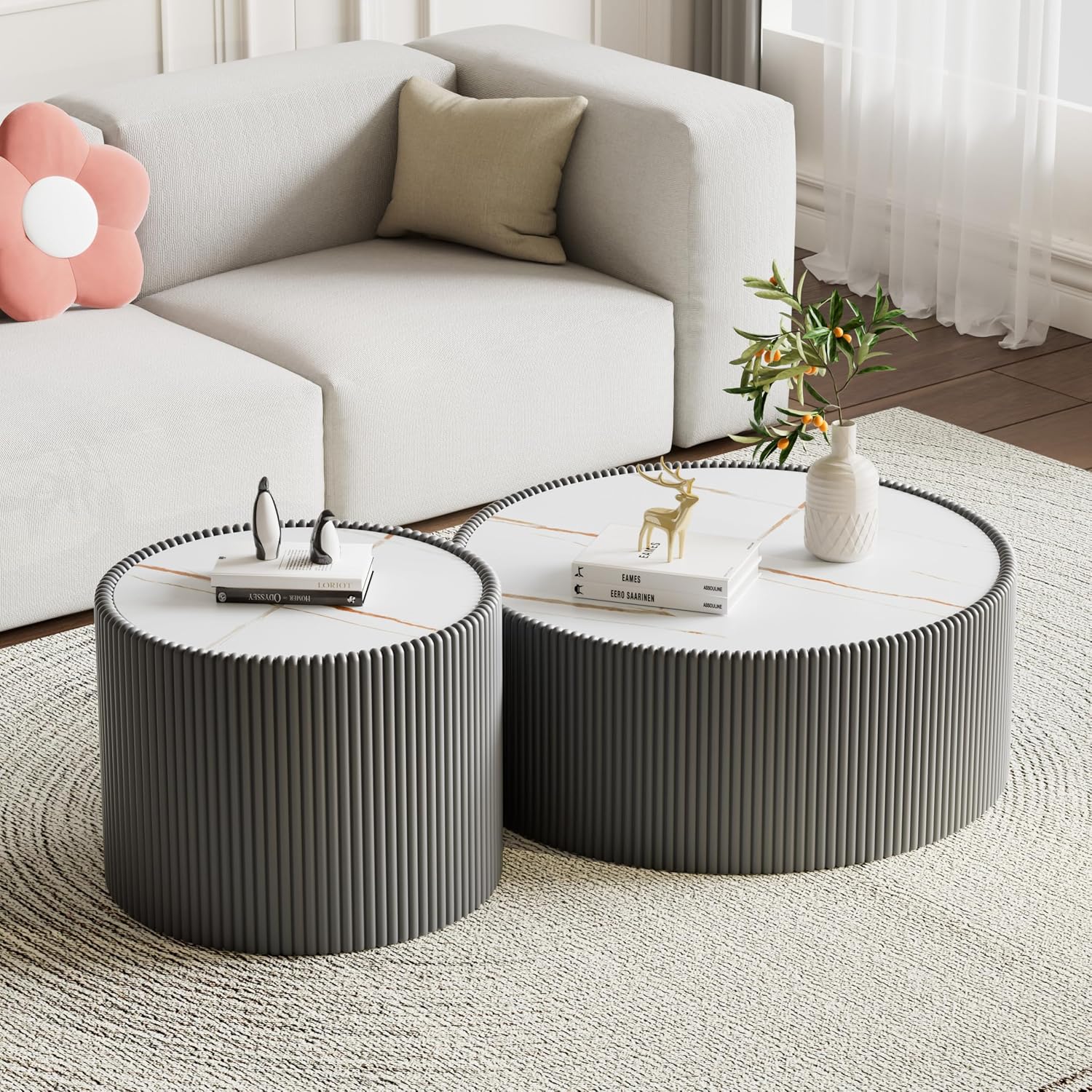 Modern Round Coffee Table Set of 2 Luxury Sintered Stone Top Coffee End Table in Grey Leatherette Drum-Shape Small Coffee Side End Tables for Living Room,Fully Assembled