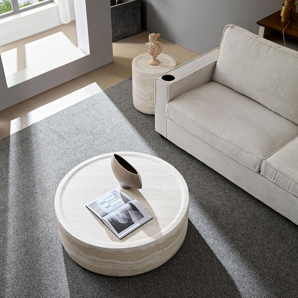 WILLIAMSPACE Round Coffee Table Set of 2, Modern Circle Drum Faux Marble Center Tables with Mars Pattern, Fiberglass Stone Tea Table Set for Living Room, No Need Assembly (35.43'' &15.74'')
