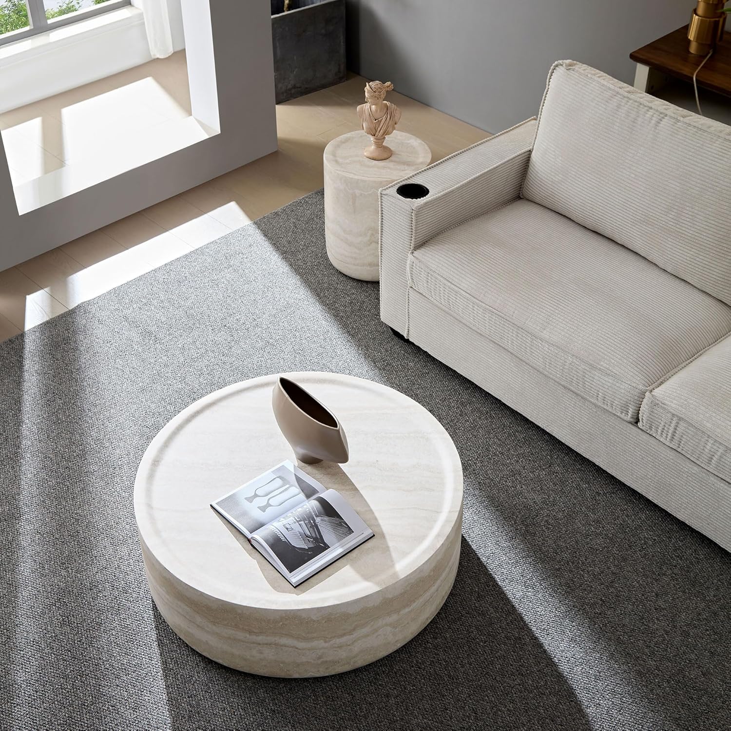 WILLIAMSPACE Round Coffee Table Set of 2, Modern Circle Drum Faux Marble Center Tables with Mars Pattern, Fiberglass Stone Tea Table Set for Living Room, No Need Assembly (35.43'' &15.74'')