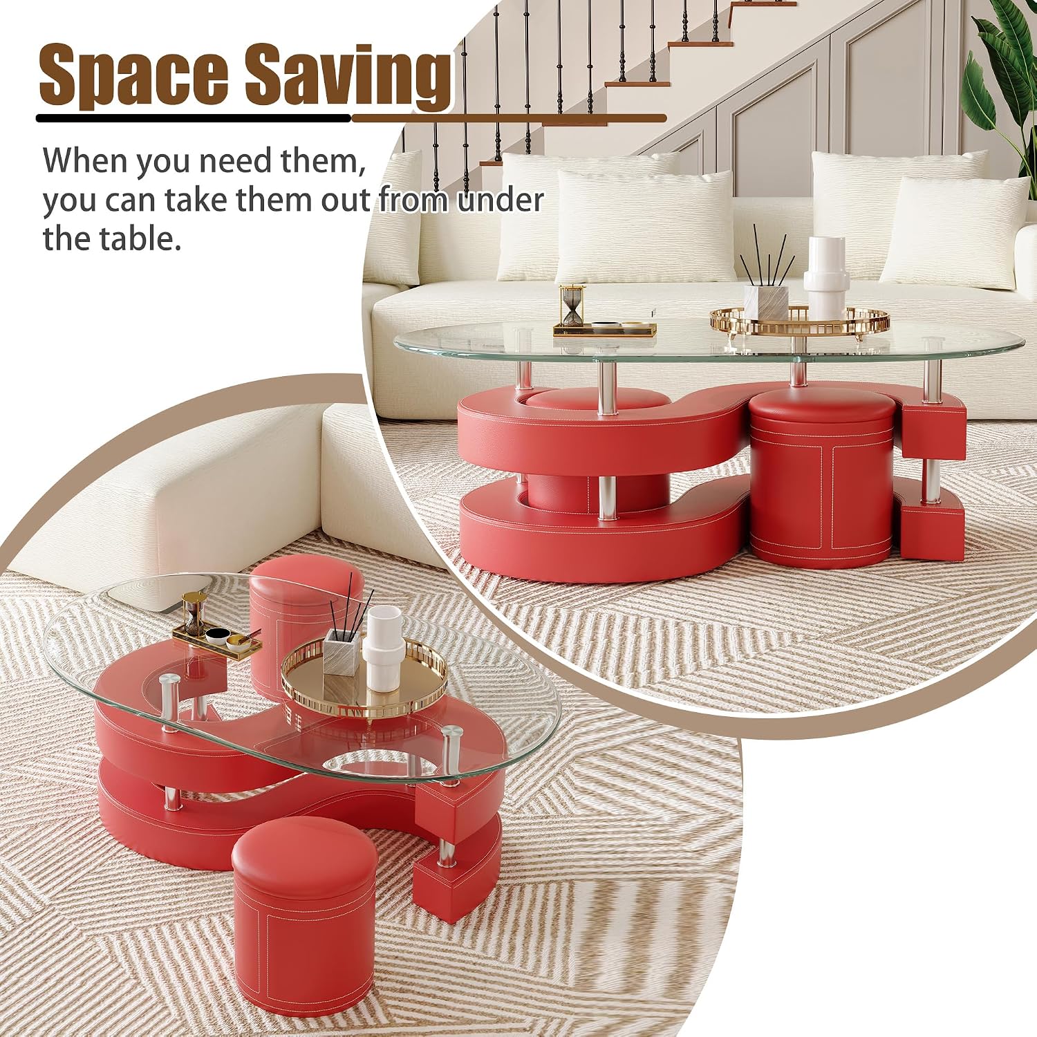 Glass Coffee Table Set With 2 Stools, 49' Oval With Tempered Top and Leather Stools, Modern Center Table for Living Room, Home Office
