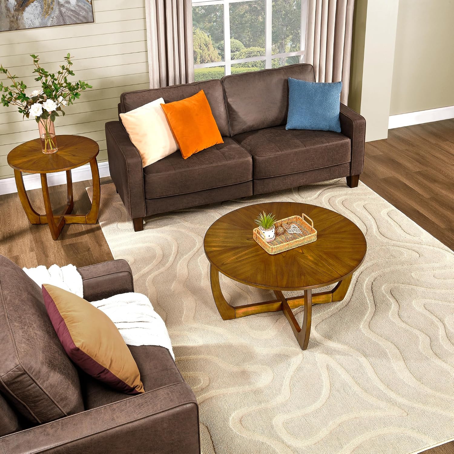 LEEMTORIG Round Wood Coffee Table, Mid Century Modern Round Walnut Coffee Tables for Living Room, 33.5' Dia. Circle Drum Coffee Table with Cross Legs, Easy Assembly, Brown Walnut KFZ-3223