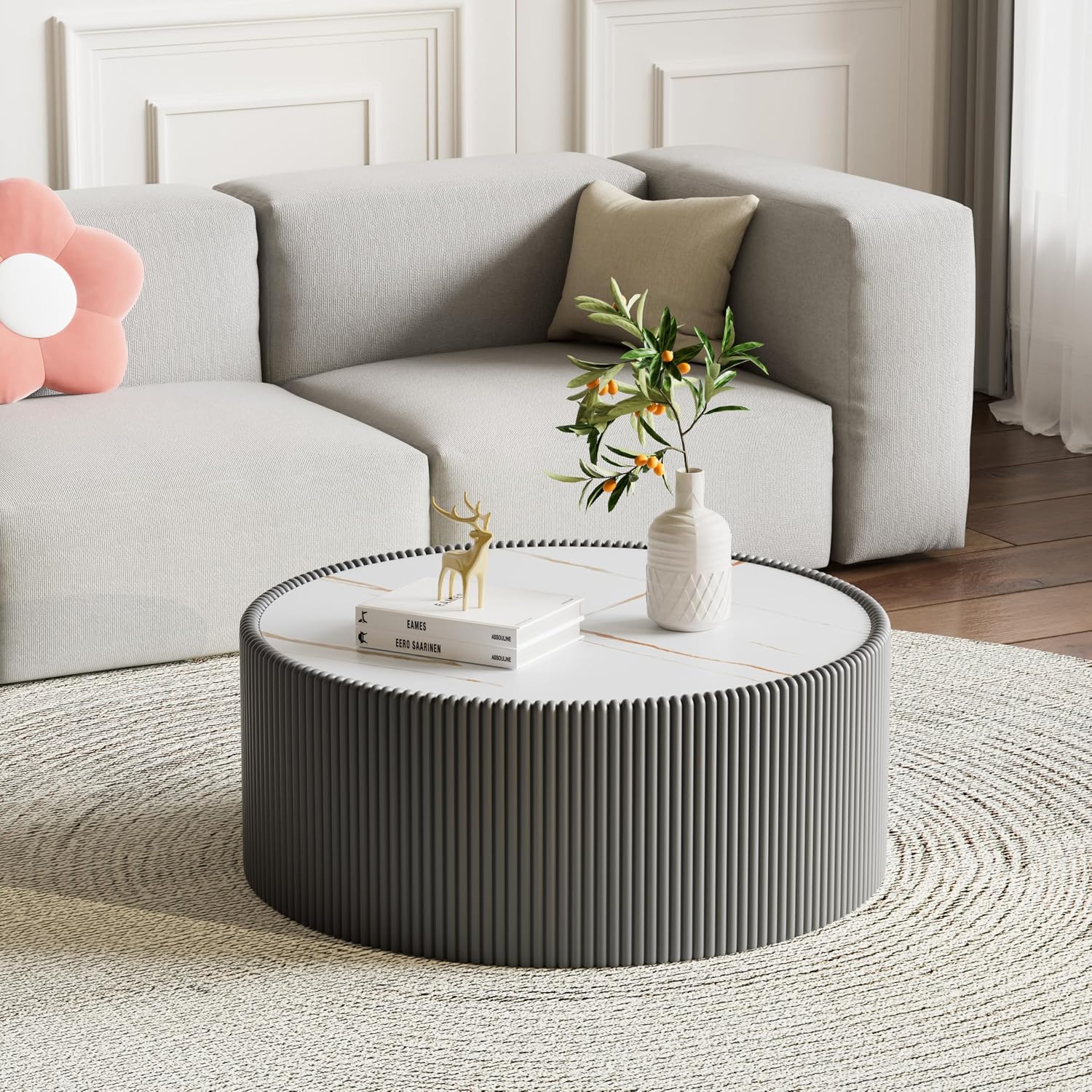 Modern Round Coffee Table Luxury Sintered Stone Top Coffee Table in Grey Leatherette Creative Drum-Shape Cocktail Center Table for Living Room Bedroom,Fully Assembled
