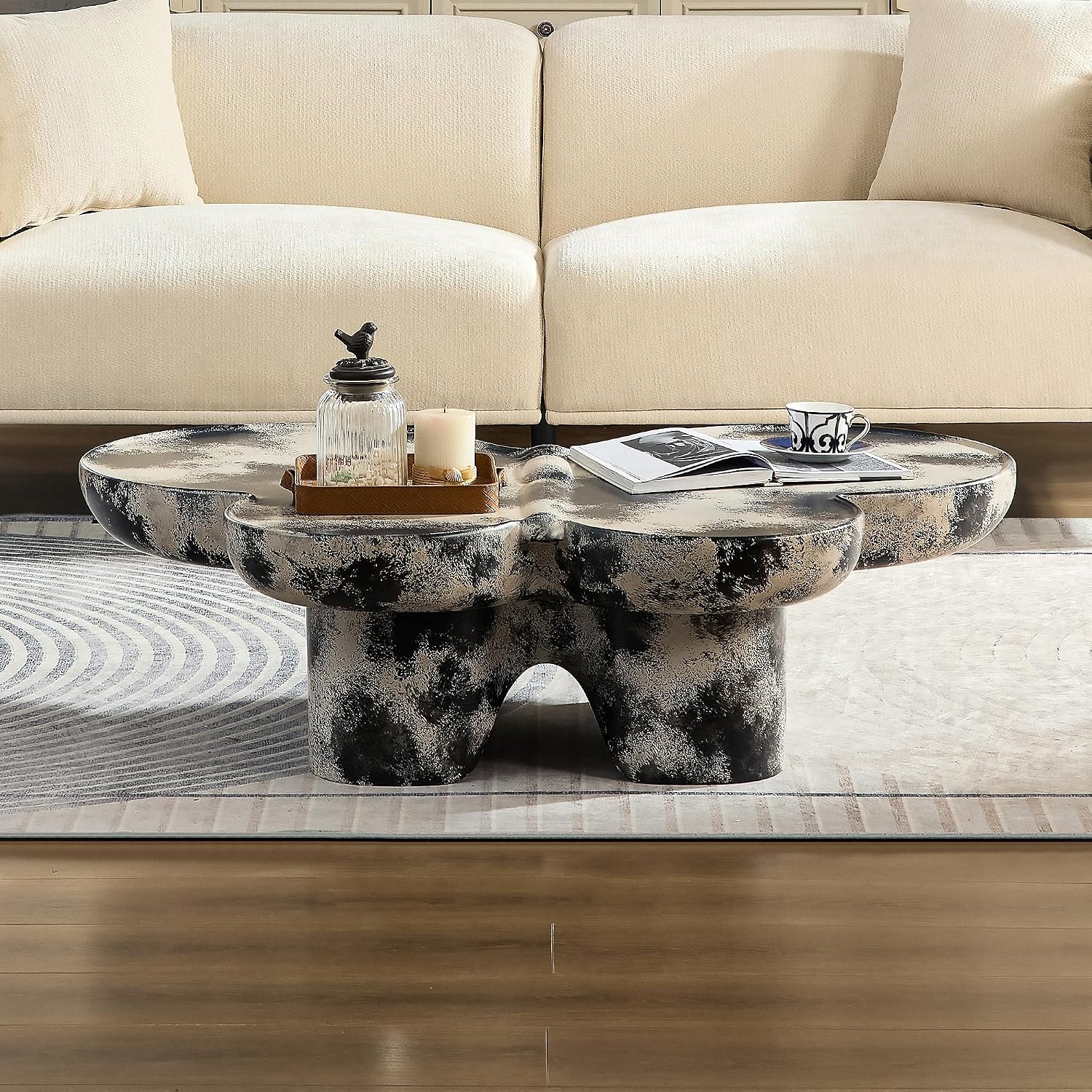 Large 47-inch Modern Glass Top Coffee Table, Mid-Century Light Gray & Black Accent Table for Spacious Living Room, Lounge or Office (L.Gray + Black)