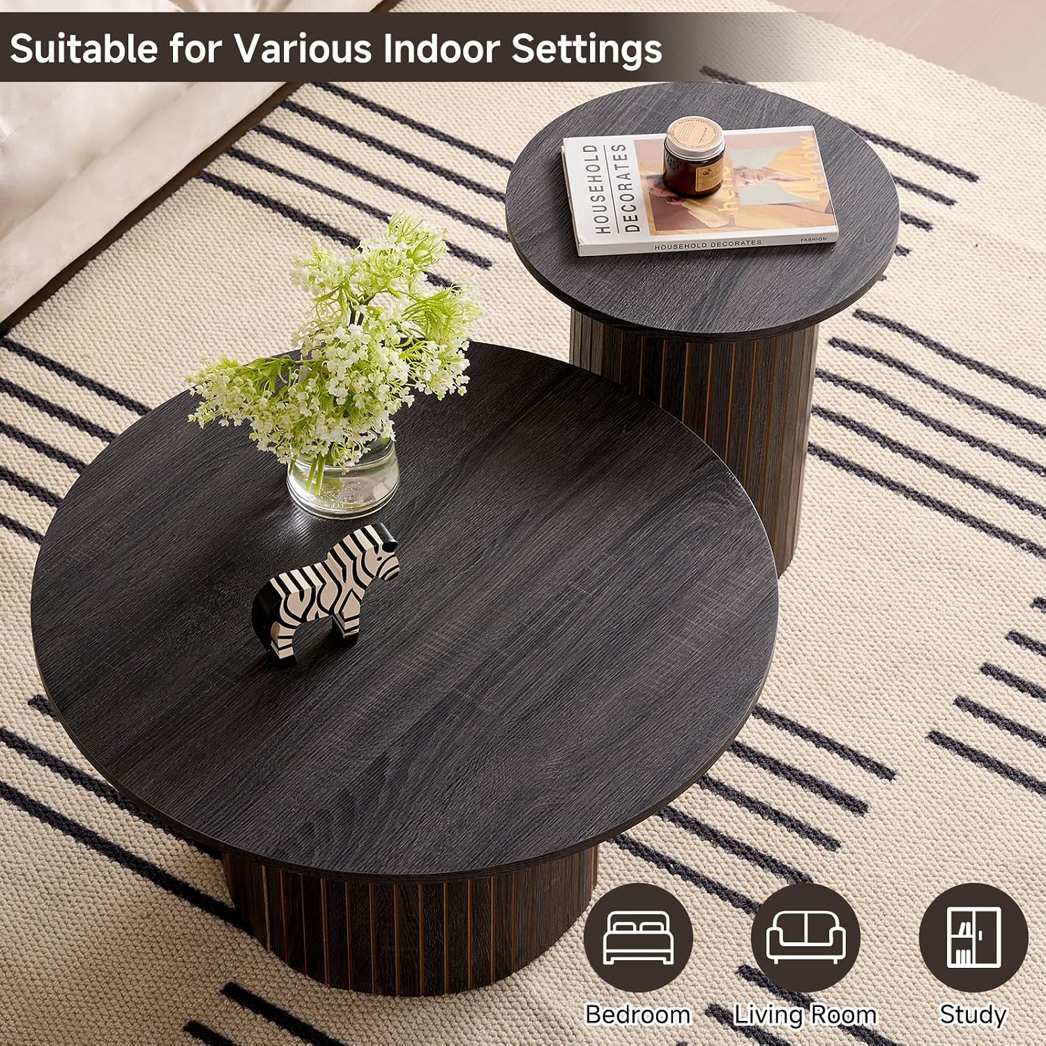 Round Coffee Tables Set of 2, Circle Modern Small Wood Side Table with Fluted Style Drum Base for Living Room Bedroom Balcony Office, Balck