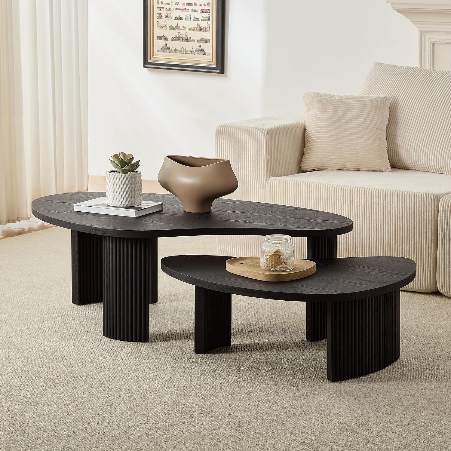 Nesting Coffee Table Set of 2, Modern Irregular Nesting Tables Wooden Center Circle Accent Tea End Side with Fluted Legs for Living Room, Apartment, Office 49.41' W Black