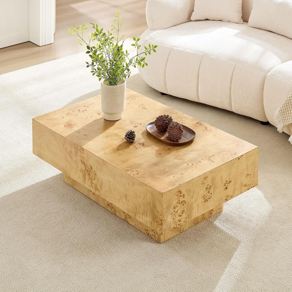 WILLIAMSPACE 43.31' Rectangle Coffee Table with Burl Wood Veneer & Sturdy Base, Modern Luxury Wood Drum Center Table Accent Side End Table for Living Room Apartment, Natural