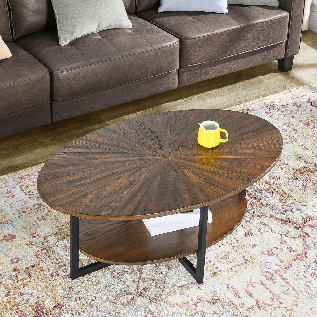 Solid Wood Oval Coffee Table with Cross Metal Legs, 43.3in Modern Industrail Center Table with Open Shelf Cocktail Tea Table for Living Room Bedroom, Rustic Brown 1811NC