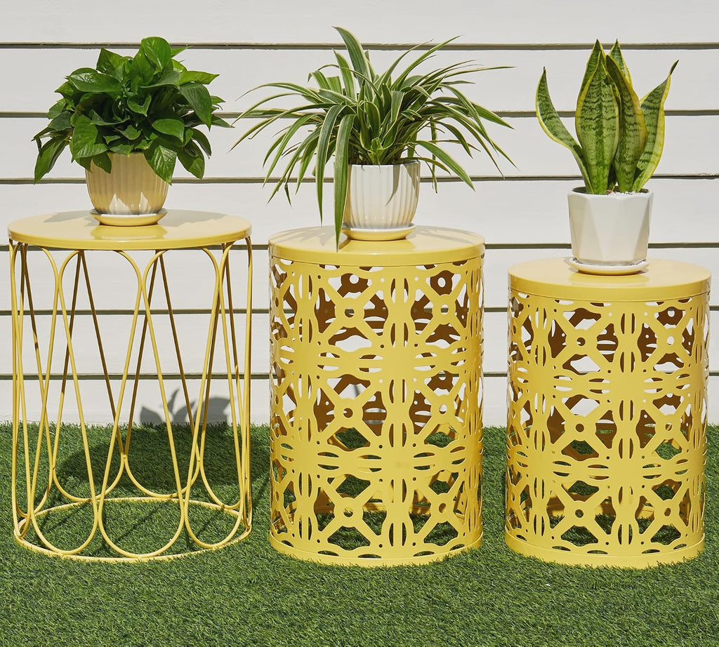 HFHOME Set of 3 Metal Outdoor Side Table, Nesting Round Coffee Table for Indoor Outdoor, Heavy Duty End Tables Plant Stand Living Room Garden Stool - Yellow