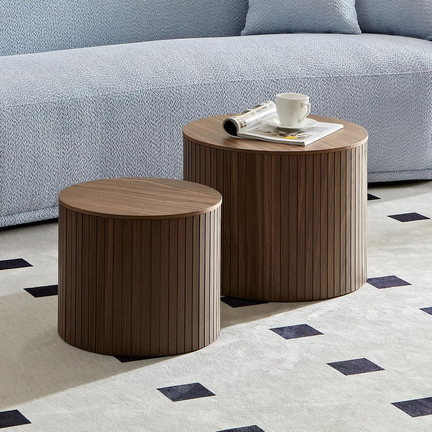MEETAKING 19Inch Nesting Coffee Table Set of 2,Modern Round Wooden Coffee Tables,Plenty of Storage Space, Natural Wood Veneer,for Small Space Living Room Apartment
