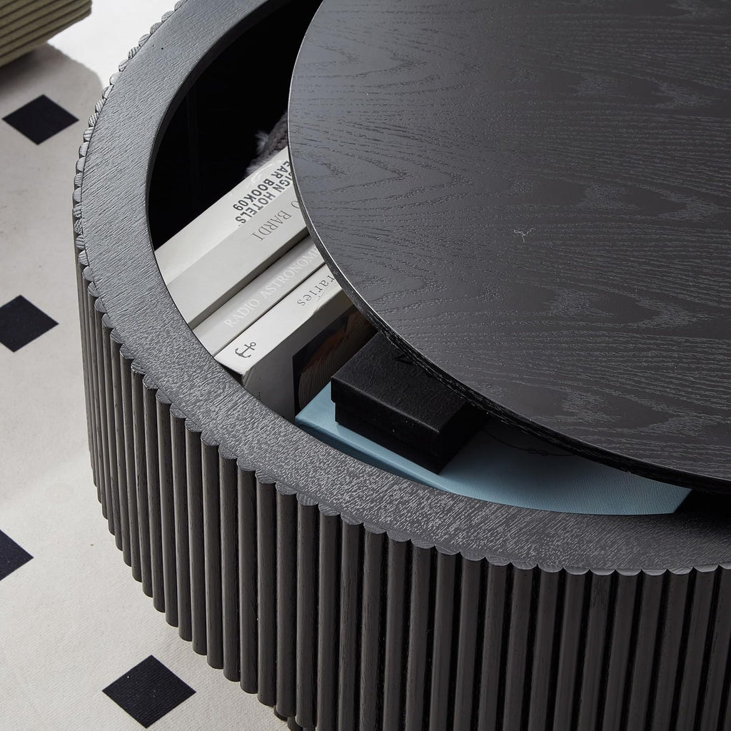 31.49' Wood Round Coffee Table for Living Room, Fluted Circle Coffee Table with Storage, Modern Handcraft Coffee Table for Apartment, Easy Assembly(Black, 31.49'x31.49'x15.74')
