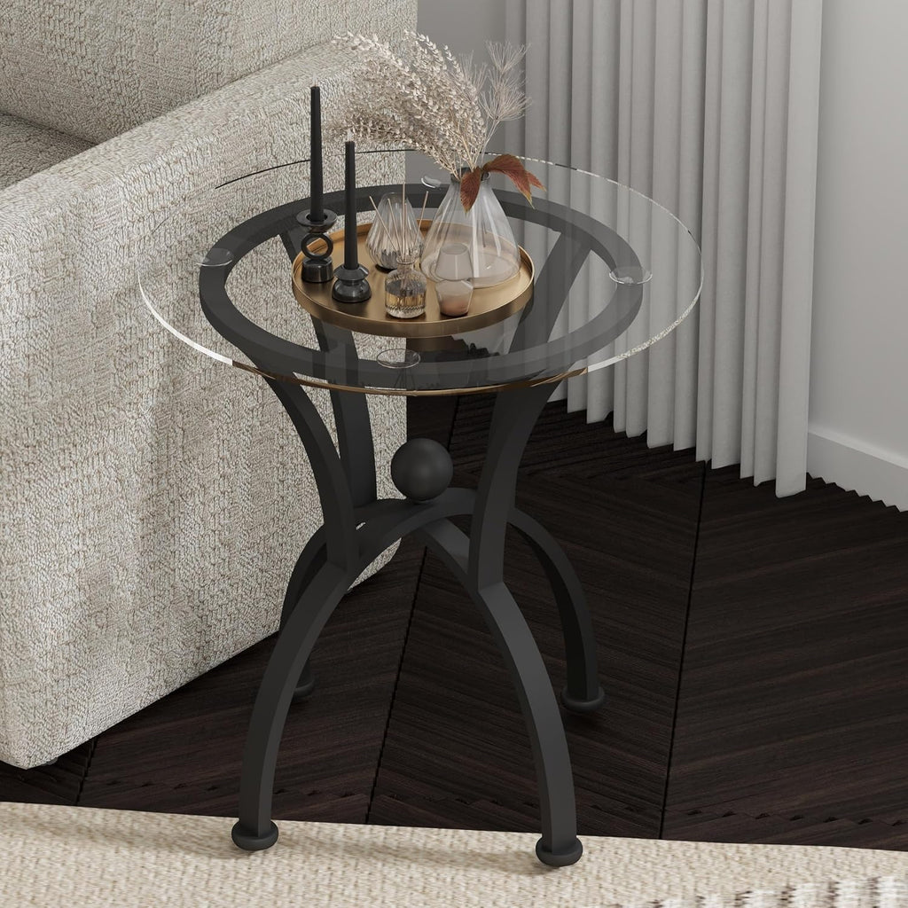 Glass Coffee Table Sets of 3 for Living Room,30' Mordern Round End Tables,Tempered Glass Top with Rustic Black Metal Frame, Sturdy Nesting End Tables