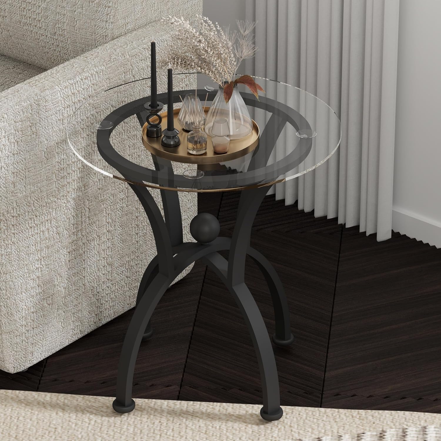 Glass Coffee Table Sets of 3 for Living Room,30' Mordern Round End Tables,Tempered Glass Top with Rustic Black Metal Frame, Sturdy Nesting End Tables