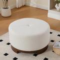 Christopher Knight Home Monroe Boucle Upholstery Round Ottoman, Living Room Sofa Ottoman with Wood Frame, Accent Small Foot Stool, Round Coffee Table, No Assembly Needed, Beige + Dark Walnut