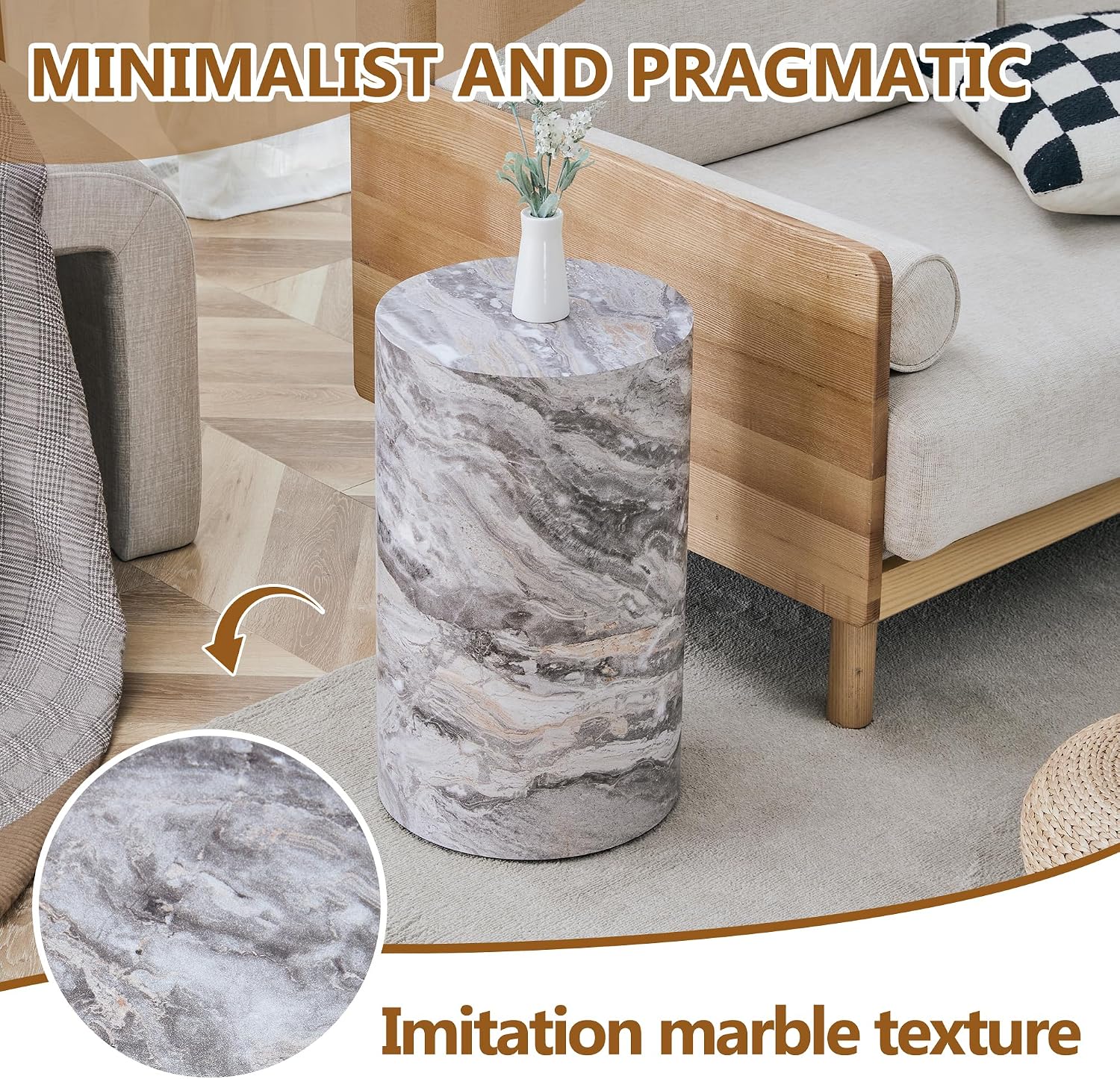 Grey Marble Small Coffee Table Modern Drum-Shape Bedside Table Nightstand for Bedroom Living Room Round Faux Marble Side End Table Beside Sofa Couch -Fully Assembled(12 x 12 x 19.7 H)