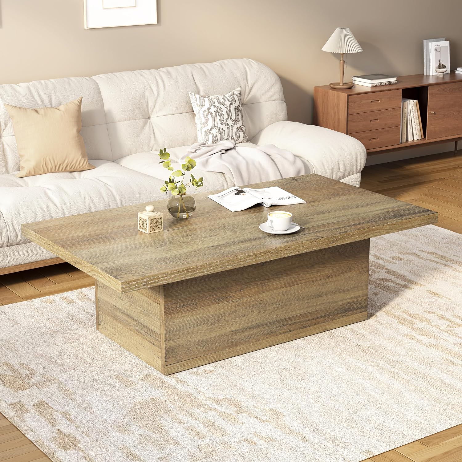Farmhouse Coffee Table 47.25 Inch Modern Center Tables Wood Cocktail Table, Scratch-Resistant Accent Table with Sturdy Frame for Living Room, Apartment, Home Office & Lounge (Oak Brown)