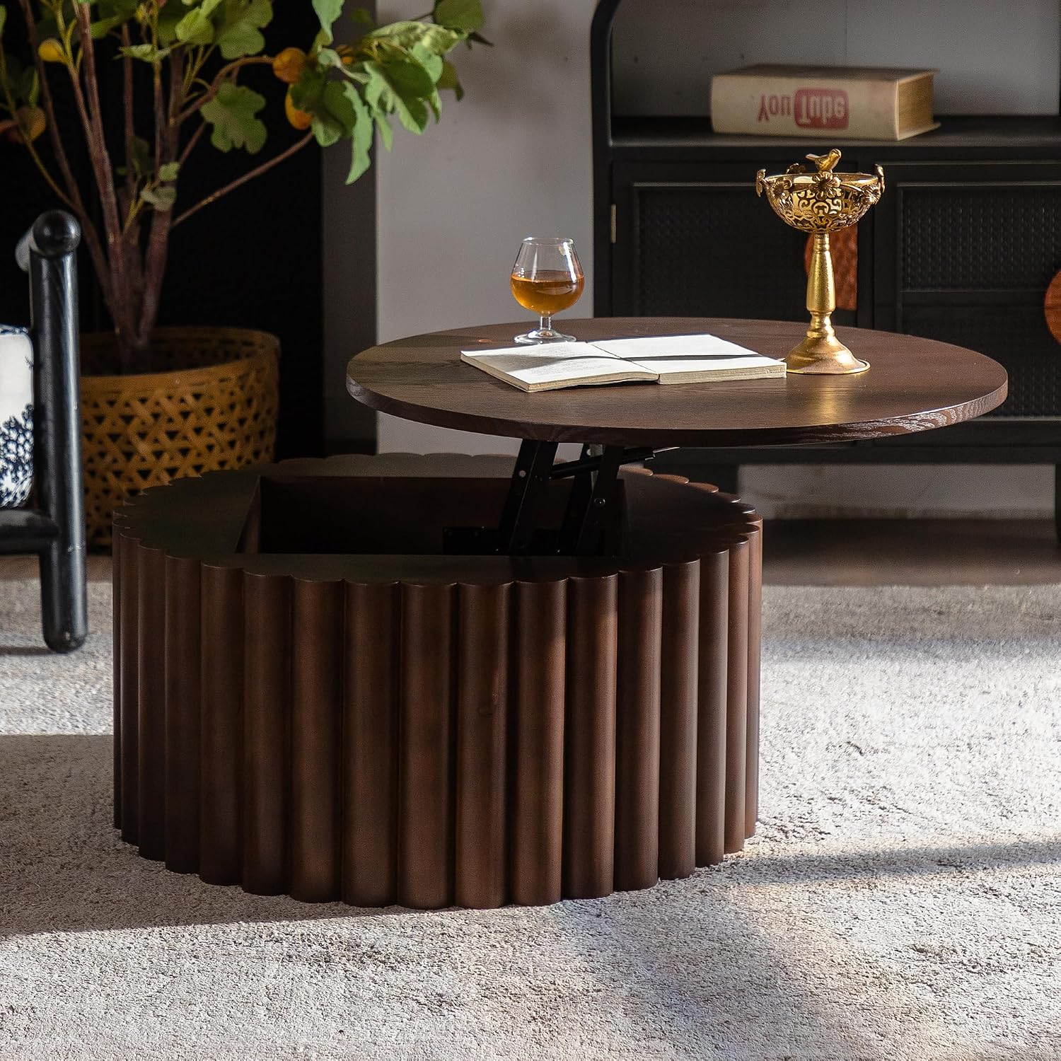 ø27.55'' Round Lift Top Coffee Table with Hidden Storage Space, Modern Drum Handcraft Wood Fluted Coffee Table for Living Room, No, Assembly, Walnut