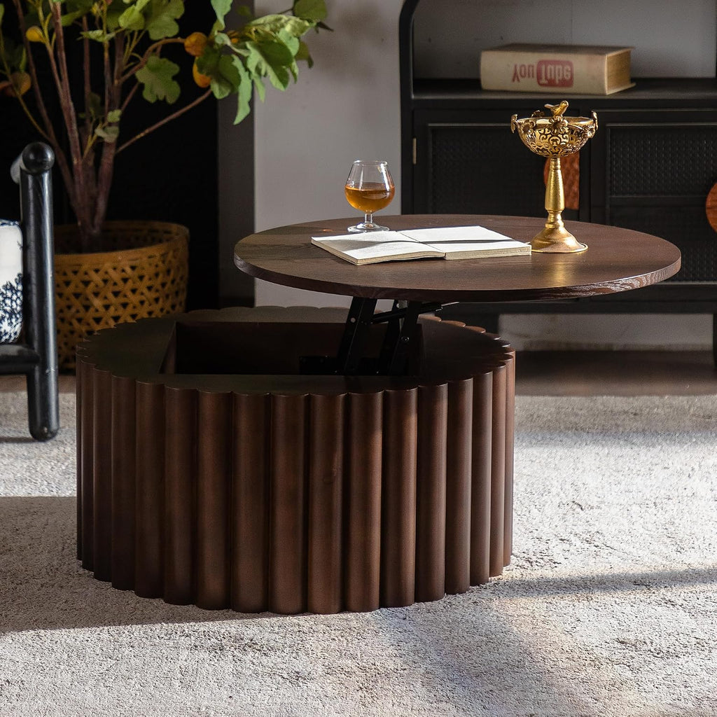 WILLIAMSPACE 27.56' Round Lift-Top Coffee Table with Hidden Storage & Sturdy Pedestal, Modern Wooden Center Accent End Tea Table, No Need Assemble, Walnut