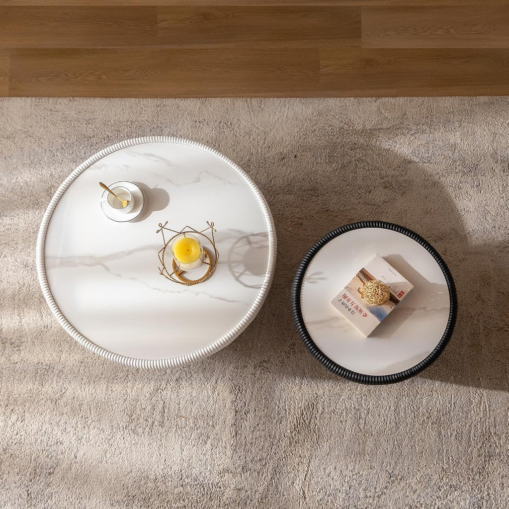 Modern Coffee Table Set, Round Drum Coffee Table with Sintered Stone Top, PU Leather Cover and Metal Base, White and Black Living Room Table Set, 29.53' & 19.7'