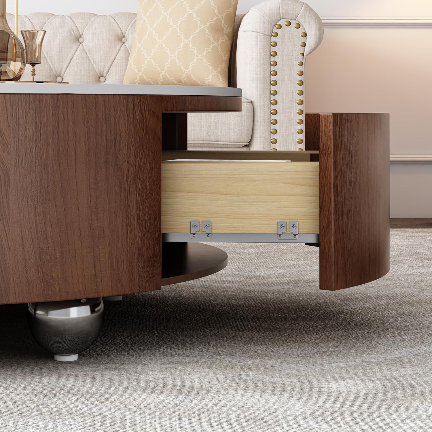 35.4'' Sintered Stone Round Coffee Table with 2 Drawer Storage Space, Modern Wood Circle Drum Coffee Table for Living Room, Stainless Legs, Brown & White