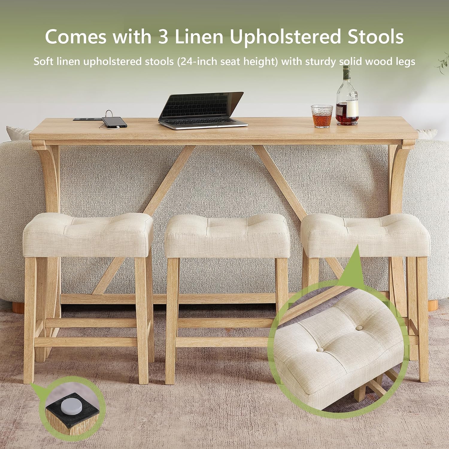 Merax 59 Inch Industrial Bar Table Set with Power Outlet, 3 Linen Upholstered Stools, Counter Height Table Set with 24 Inch Seat Height Stools for Kitchen, Living Room,Light Oak+Beige