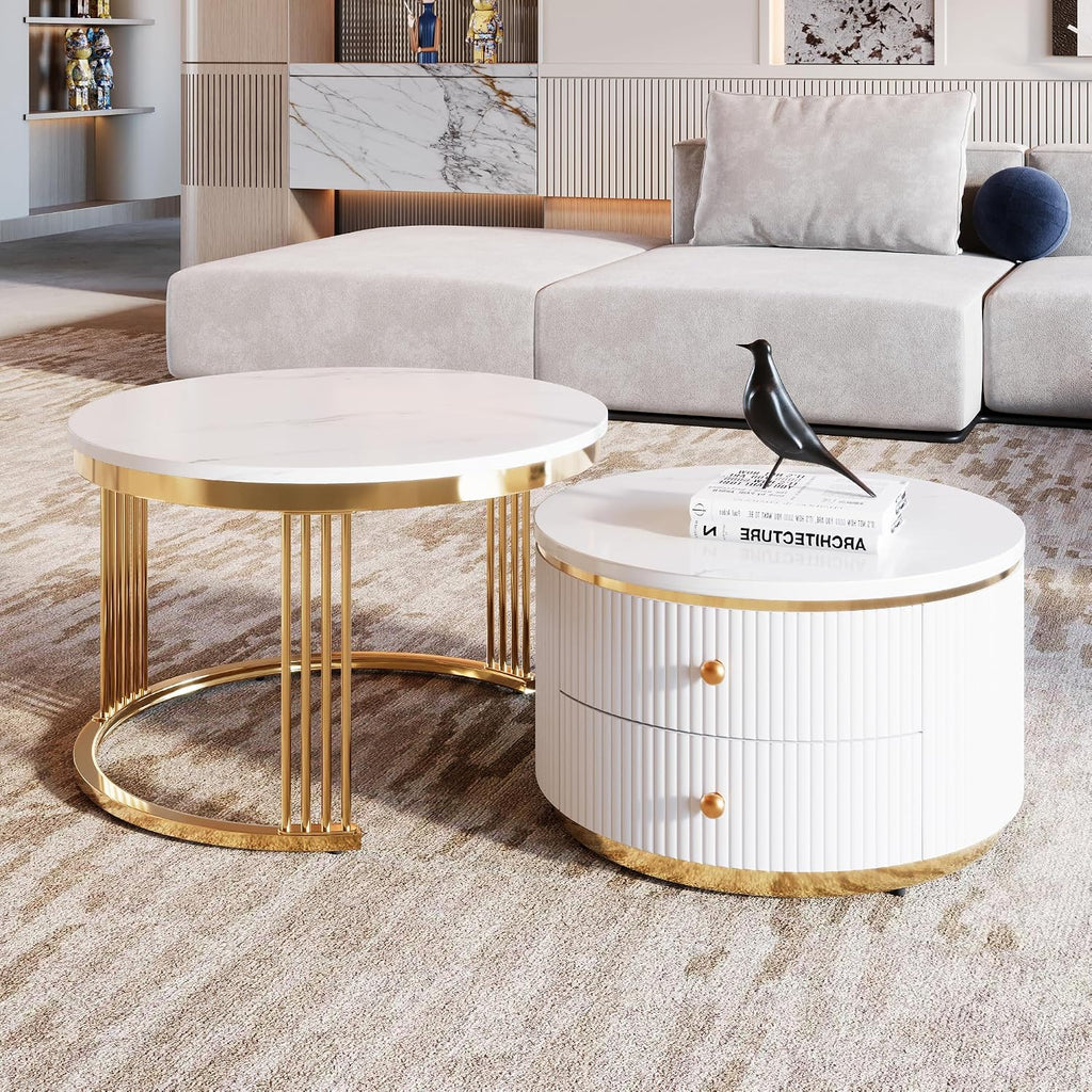 27.6' Modern 2 Pieces Round Nesting Coffee Table with Drawers,White