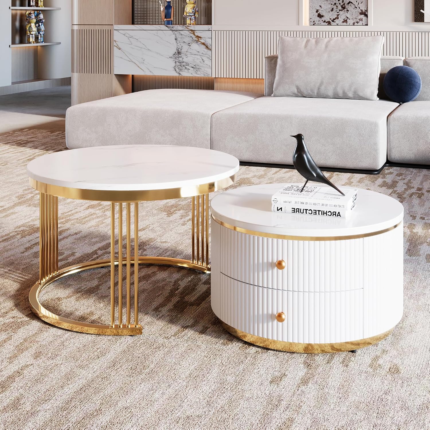 27.6' Modern 2 Pieces Round Nesting Coffee Table with Drawers,White