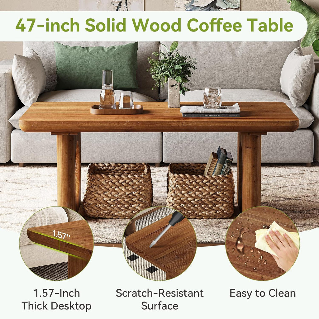 LITTLE TREE Solid Wood Coffee Table, Modern Farmhouse Coffee Table with Thick Tabletop, Rectangle Center Table for Living Room, Home Office, Bedroom, Brown