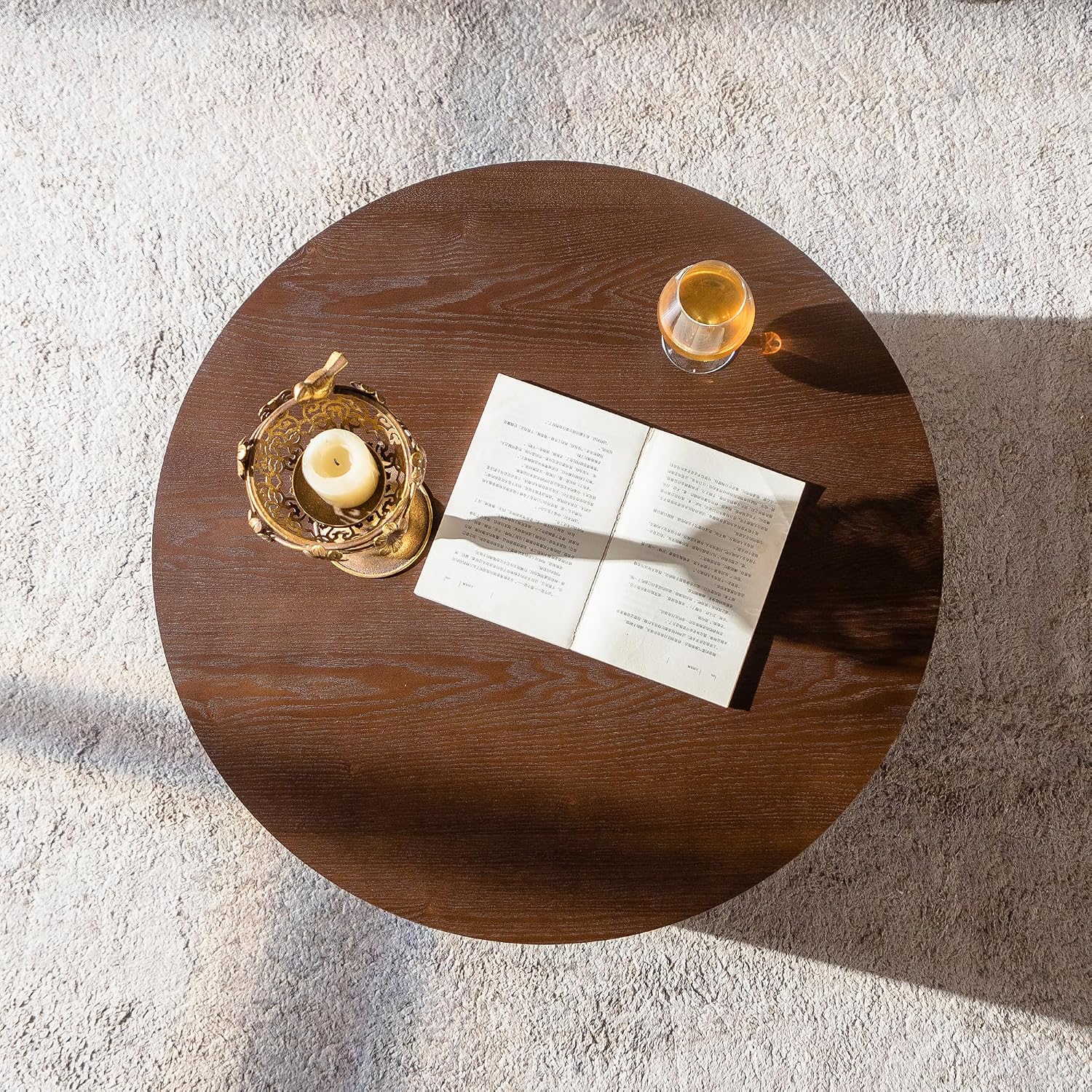 ø27.55'' Round Lift Top Coffee Table with Hidden Storage Space, Modern Drum Handcraft Wood Fluted Coffee Table for Living Room, No, Assembly, Walnut