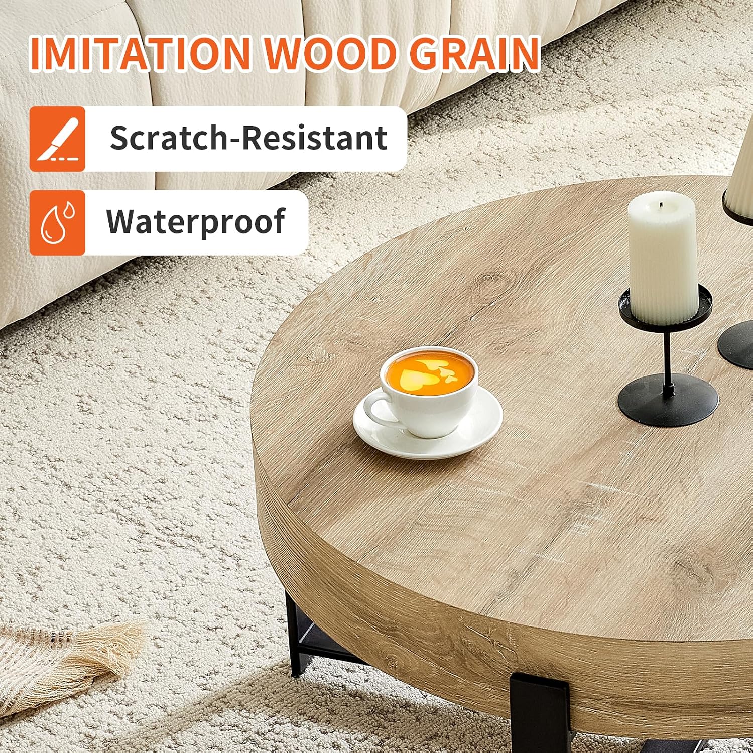 Round Coffee Table, 30.7' Modern Coffee Tables for Living Room, Circular Wooden Center Tea Table with Metal Legs for Apartment Office Small Space, Natural