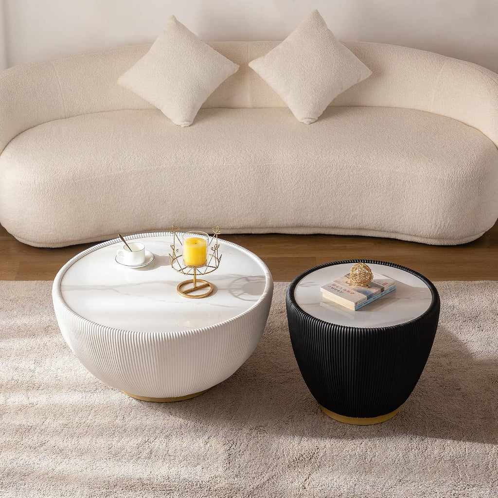 Round Coffee Table Set of 2, Sintered Stone White Coffee Table with Black End Table, Nesting Tables for Living Room, Accent Side Table for Apartment Home Office, No Need Assembly