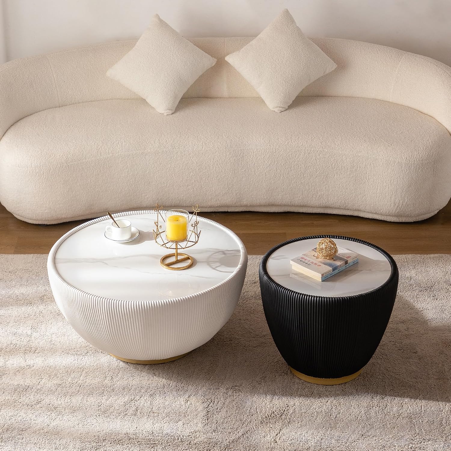 Round Coffee Table Set of 2, Sintered Stone White Coffee Table with Black End Table, Nesting Tables for Living Room, Accent Side Table for Apartment Home Office, No Need Assembly