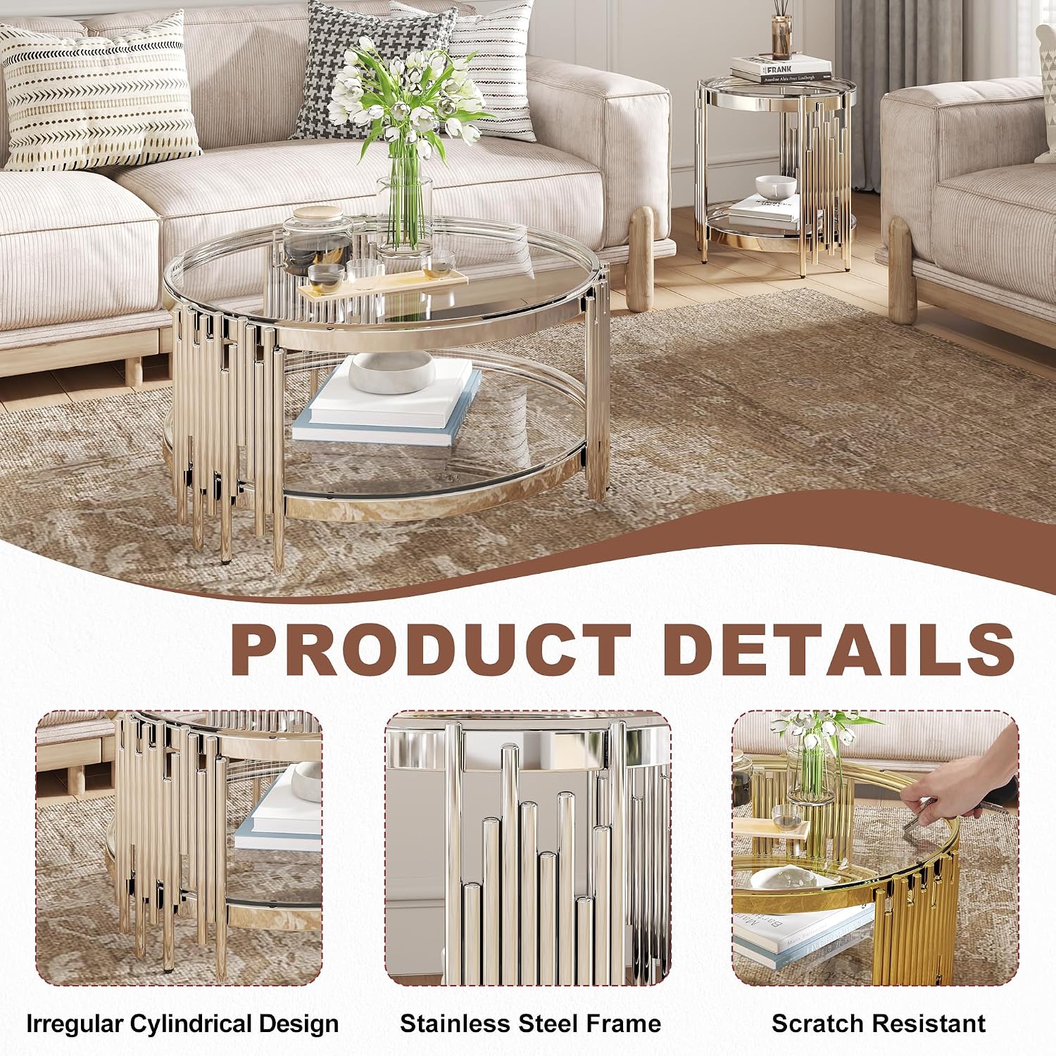 3 Piece Living Room Set, 1 Glass Coffee Table and 2 End Tables with 2 Tier Storage, Tempered Glass Top and Stainless Steel Frame, for Apartment, Living Room, Silver/Clear