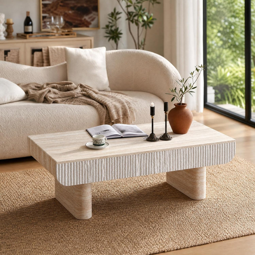 47' Travertine Coffee Table with Storage, Mid-Century Modern Fluted Coffee Tables with 2 Drawers for Living Room, Large Rectangular Coffee Center Tea Table with Sturdy Legs for Apartment Small Spaces