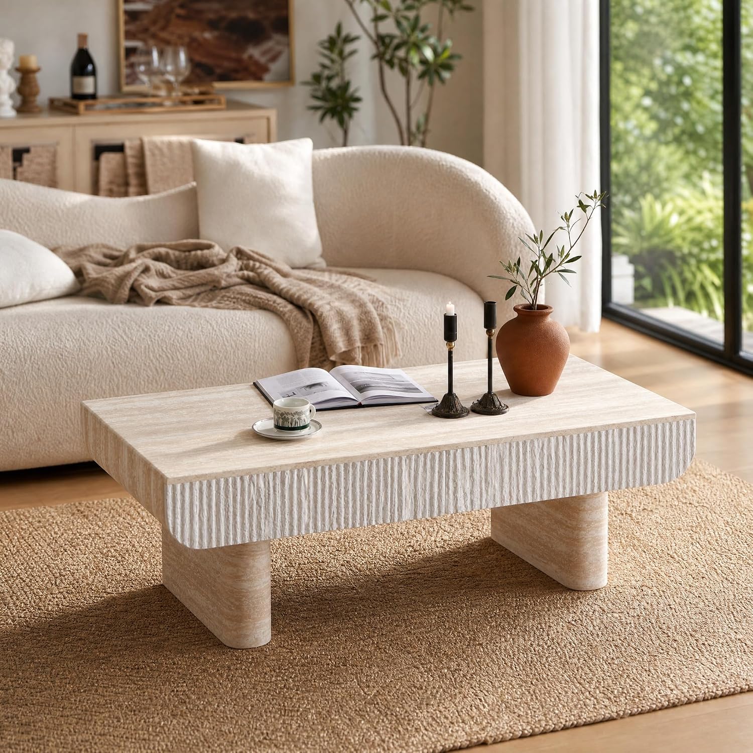 47' Travertine Coffee Table with Storage, Mid-Century Modern Fluted Coffee Tables with 2 Drawers for Living Room, Large Rectangular Coffee Center Tea Table with Sturdy Legs for Apartment Small Spaces