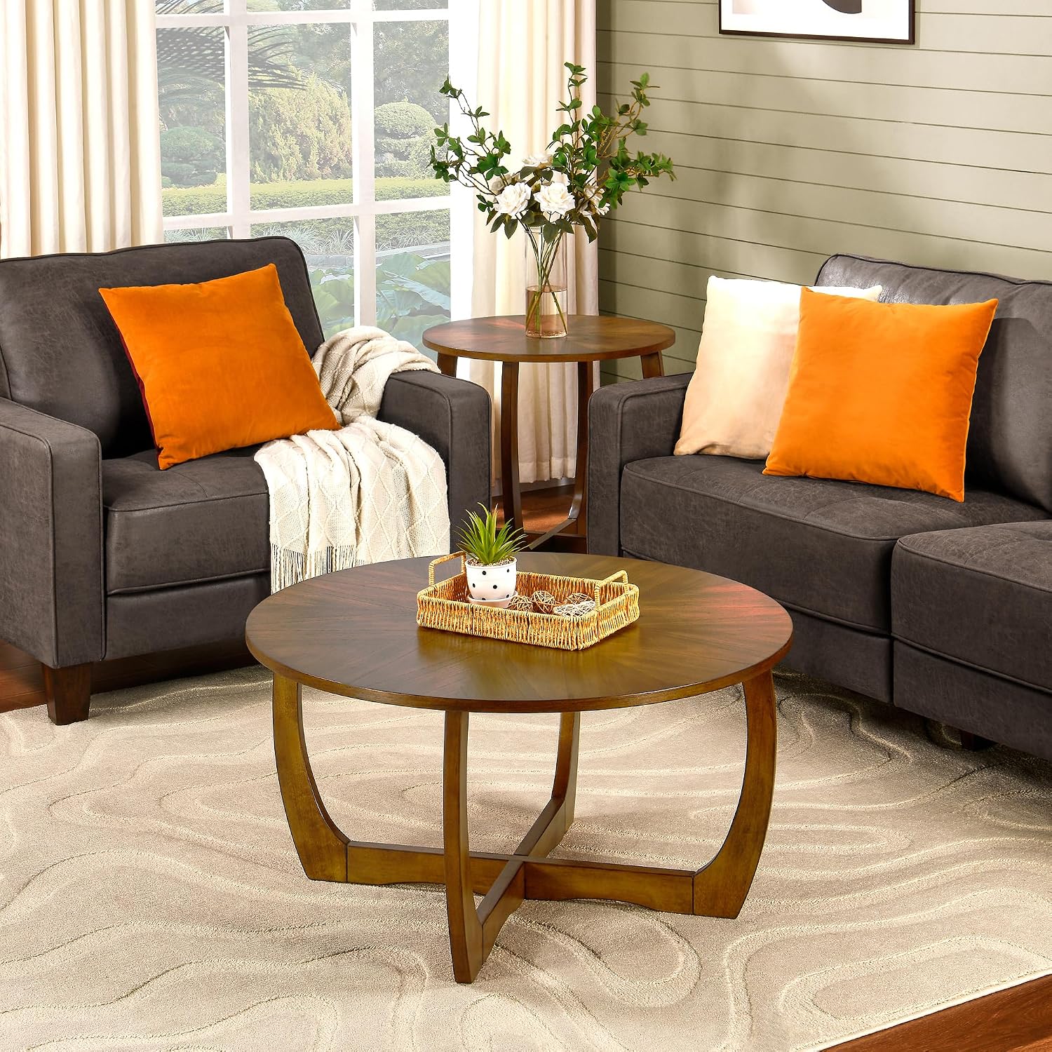 LEEMTORIG Round Wood Coffee Table, Mid Century Modern Round Walnut Coffee Tables for Living Room, 33.5' Dia. Circle Drum Coffee Table with Cross Legs, Easy Assembly, Brown Walnut KFZ-3223
