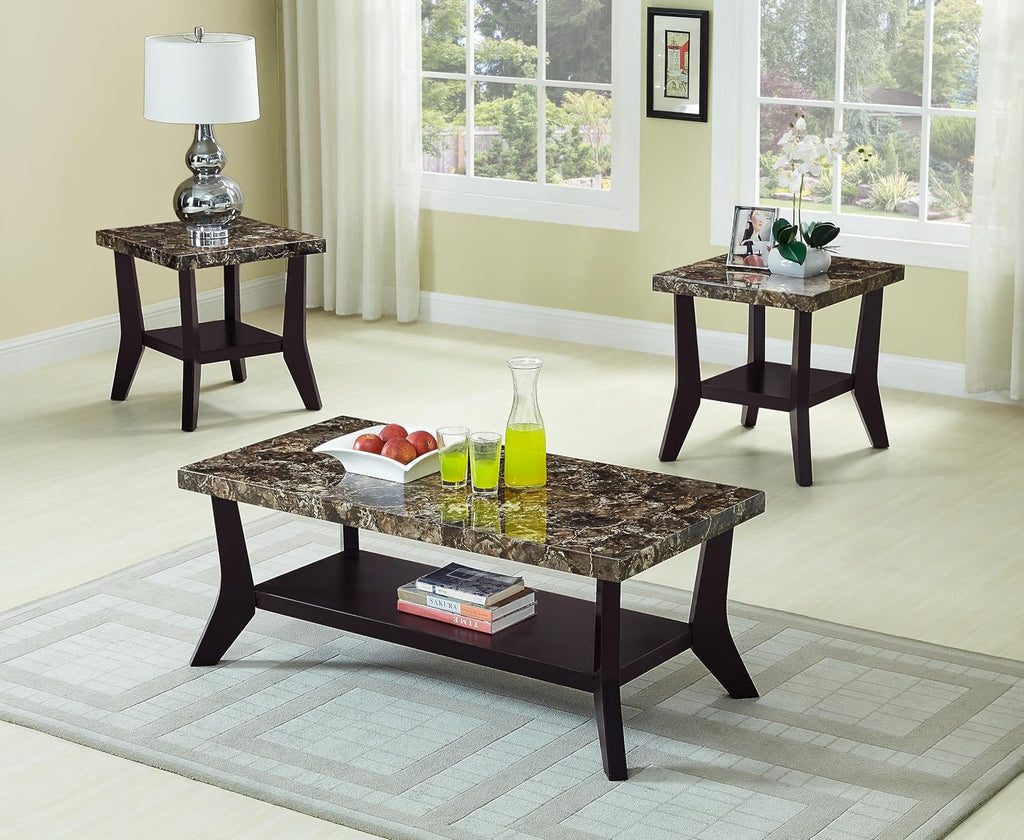 Faux Marble Coffee Table 3-Piece Set Rectangular Coffee Table with Two Matching End Tables MDF Wooden Base Built-in Storage Shelves Contemporary Brown for Living Room