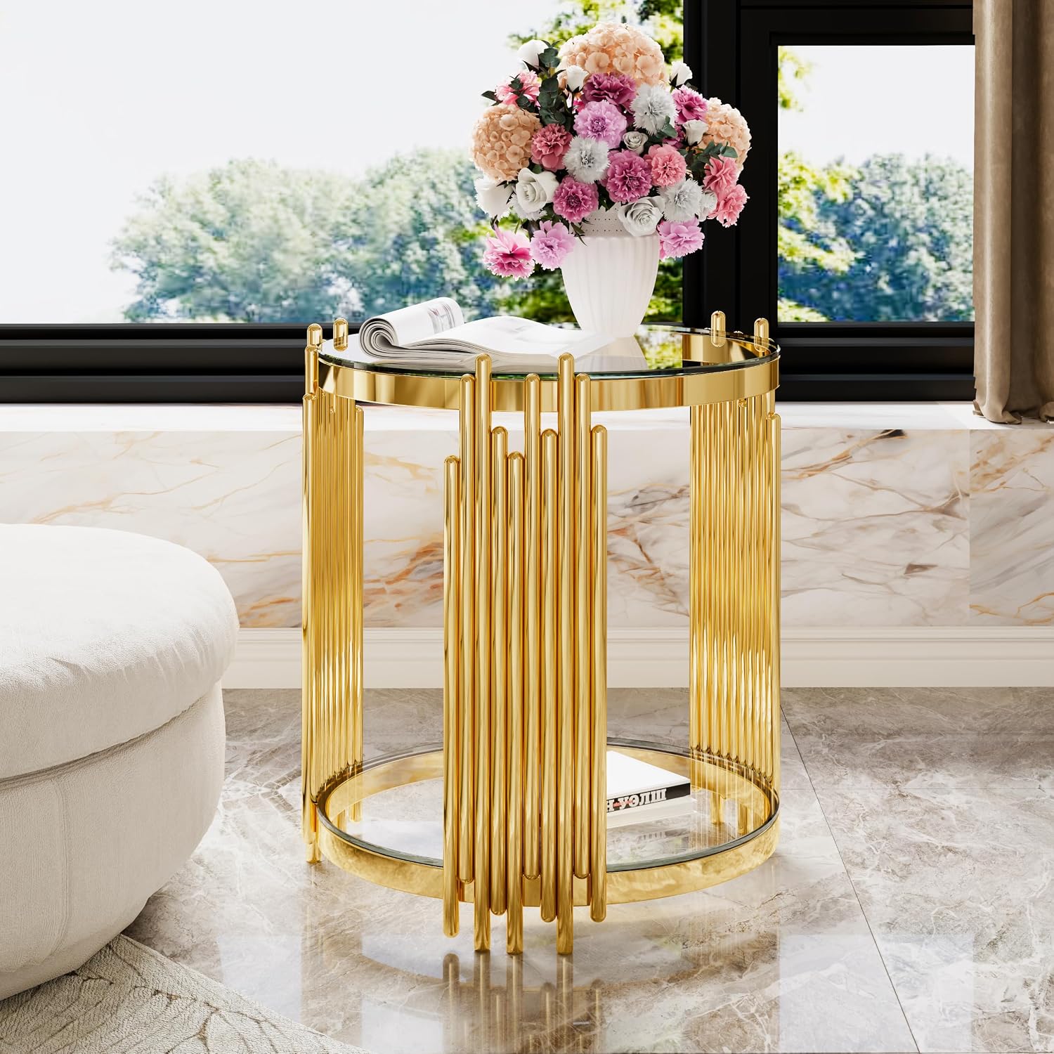 19.8'' Tempered Glass Side Tabel Round End for Living Room, 2-Tier Modern Accent Circle Design, Transparent Mirror Tabletop & Metal Drum Base, Easy Assembly, Transparent & Gold