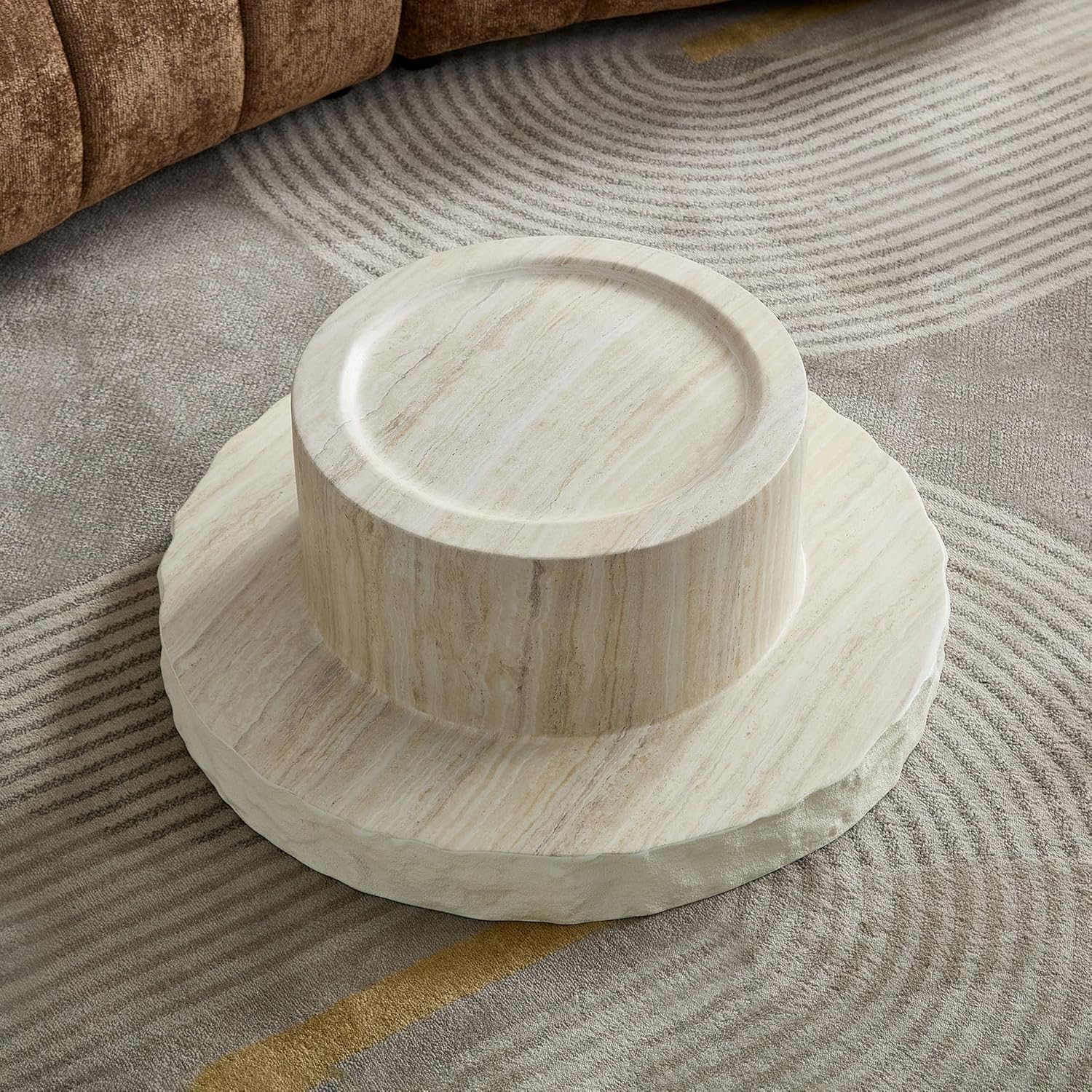 Set of 2 Round Coffee Tables for Living Room, 31.7' W x 13' H Faux Mars Circle Drum Pattern Modern Minimalist 23.82' W x16.93 Side Tables Accent End Table for Apartment, Office, Beige