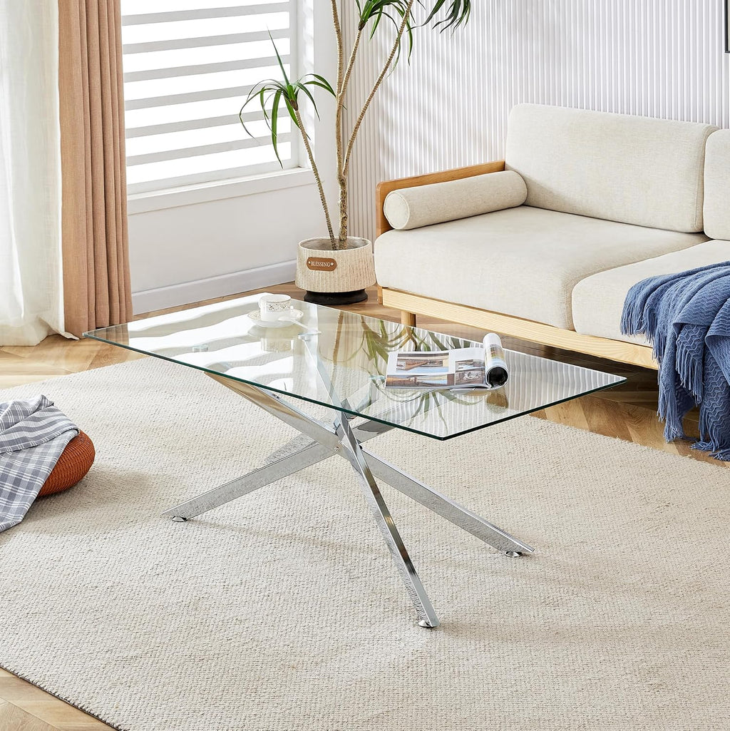Glass Coffee Table Set of 3, Modern Glass Coffee Table with 2 Square Side Tables,3 Piece Living Room Table Set with Clear Tempered Glass Tabletop & Silver Metal Legs for Apartment Home Office